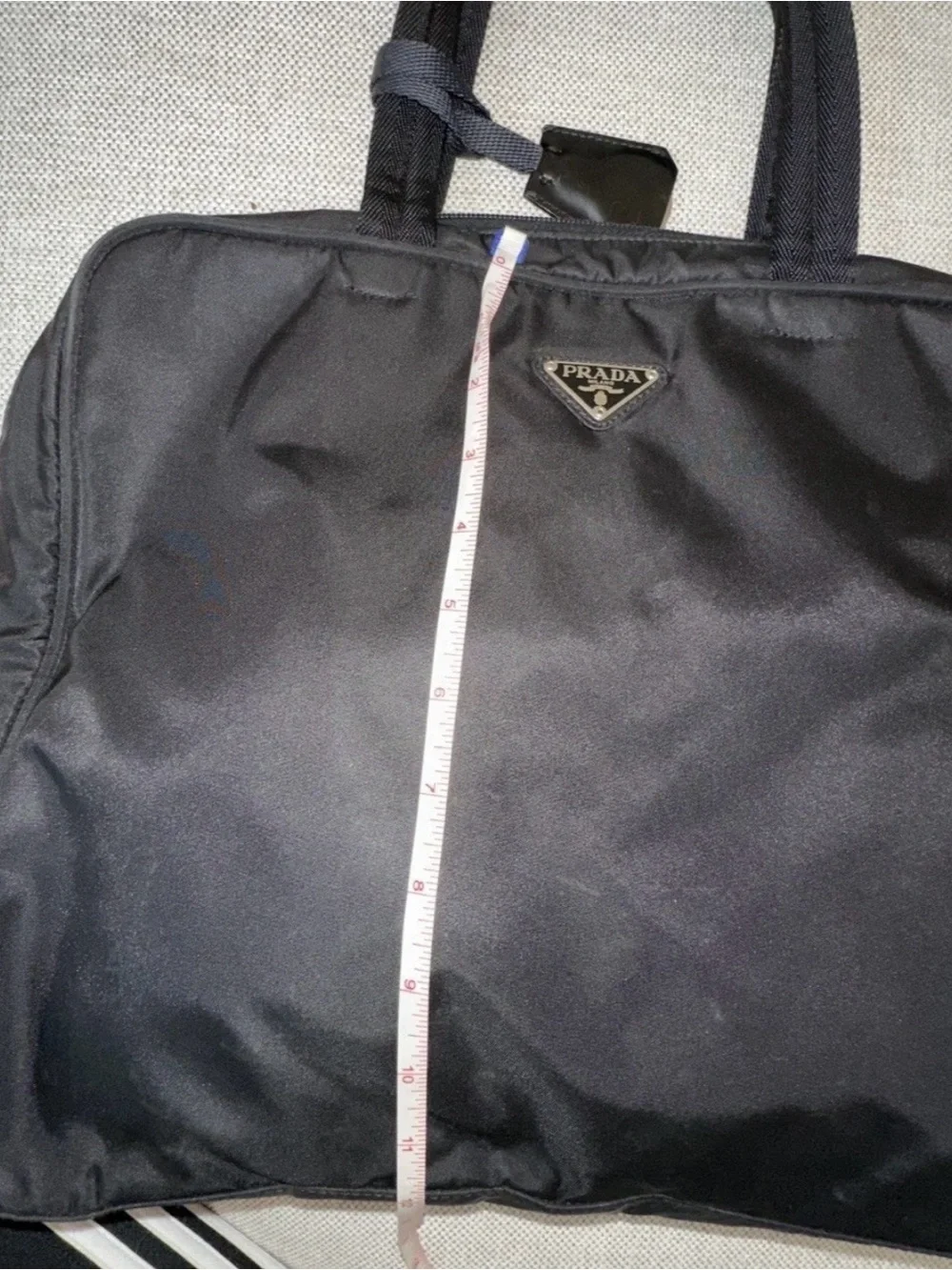 UNISEX PRADA Black Nylon Tote Bag with Silver Hardware Zipper and Padlock.